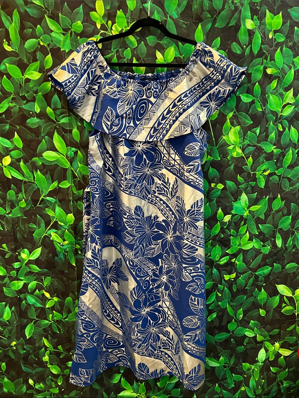 Off-Shoulder Blue and sliver samoan Polynesian dress tribal Hawaiian